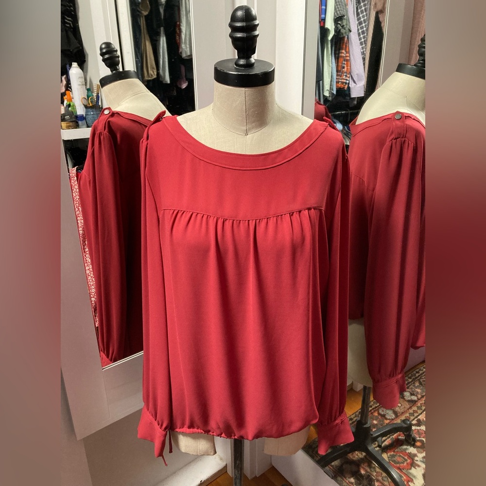 LOFT Women’s Soft Coral Red Long-Sleeve Blouse with Tie Waist, Size Large